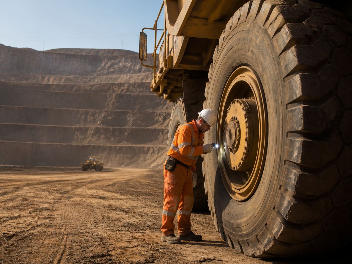 Técnico inspeccionando un camión de extracción en una mina